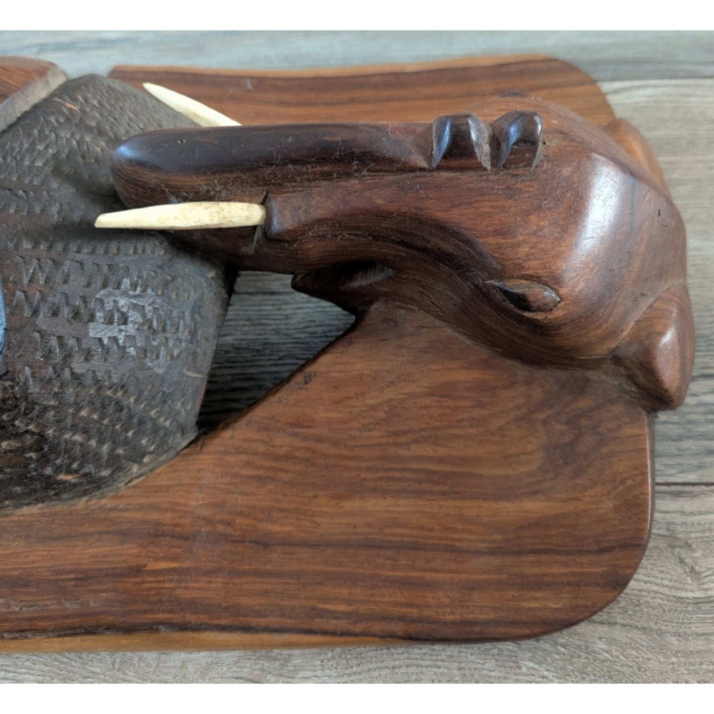 Vintage African Wooden Mask Elephant Top Mandinka Wooden Sculpture Inlay Modern