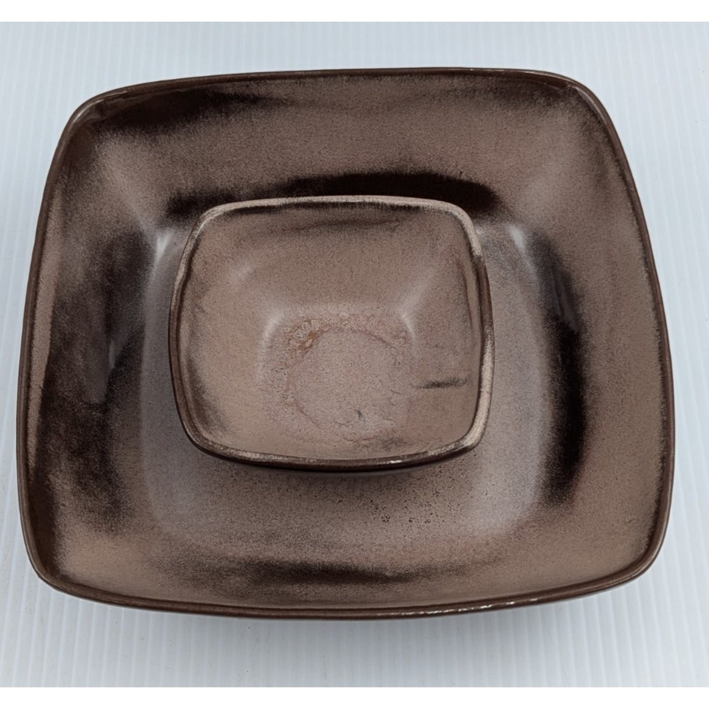 Frankoma Pottery Plainsman Brown Chip and Dip Platter and Square Salad Bowl 5NS