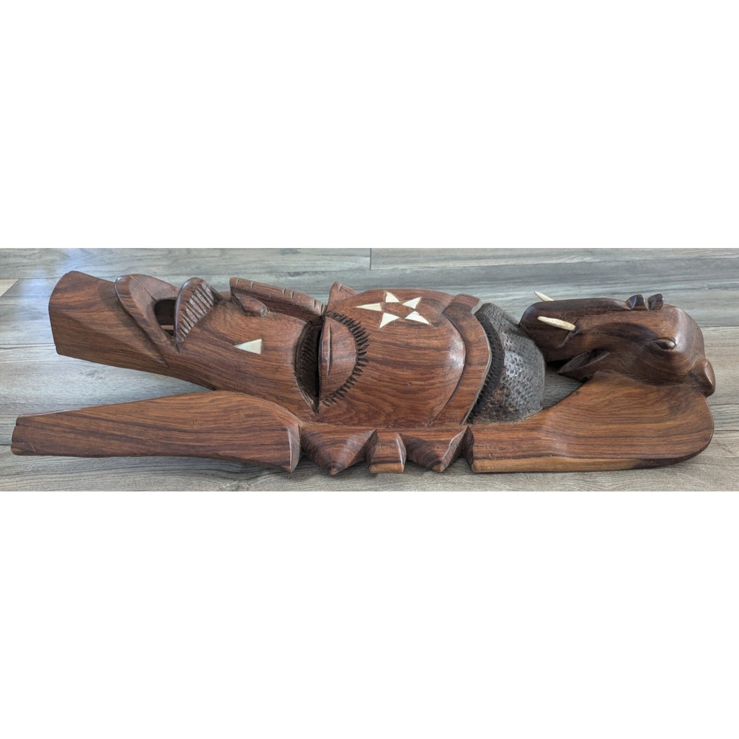 Vintage African Wooden Mask Elephant Top Mandinka Wooden Sculpture Inlay Modern