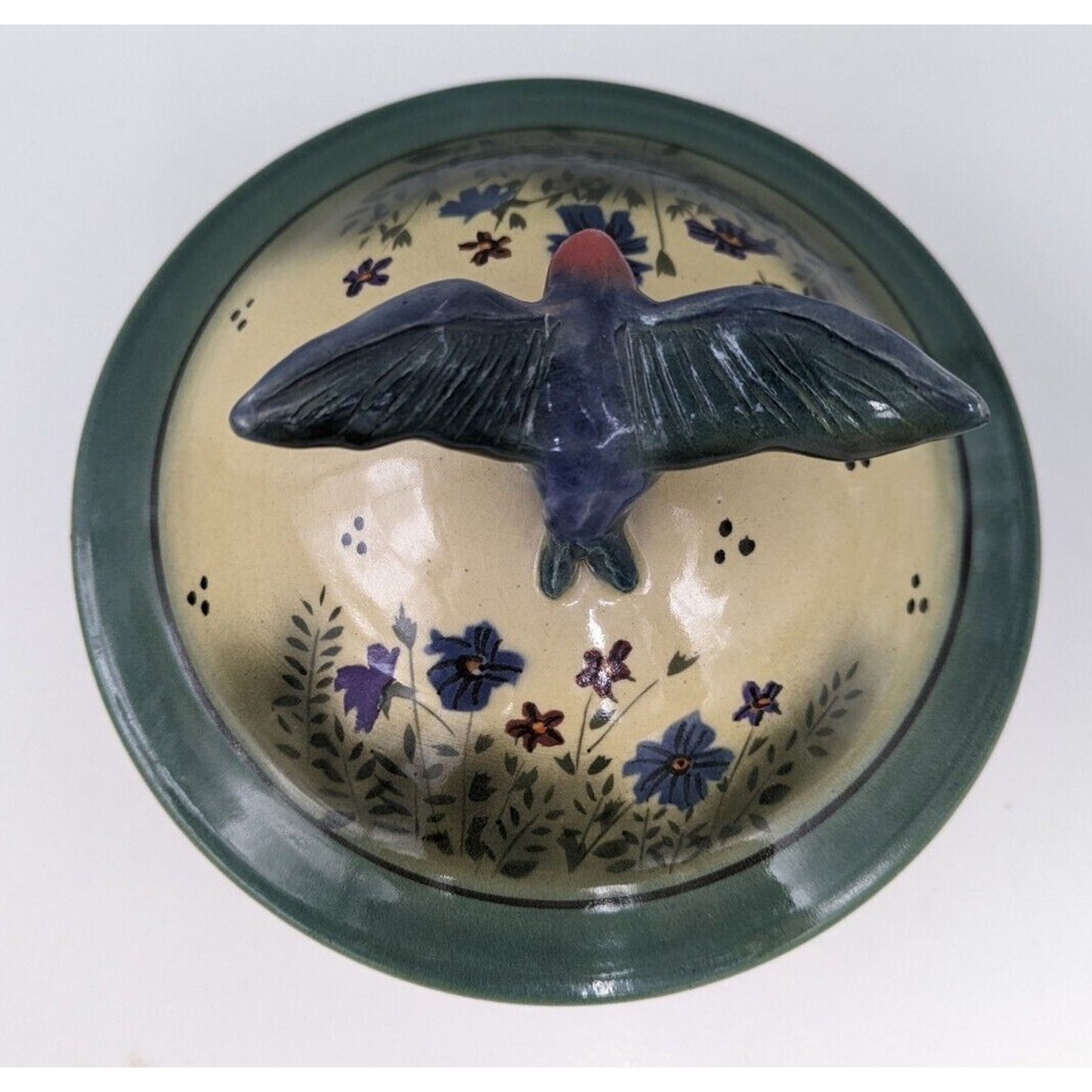 Aldrich Valley Pottery Blue Bird Finial Floral Lidded Bowl Signed - READ