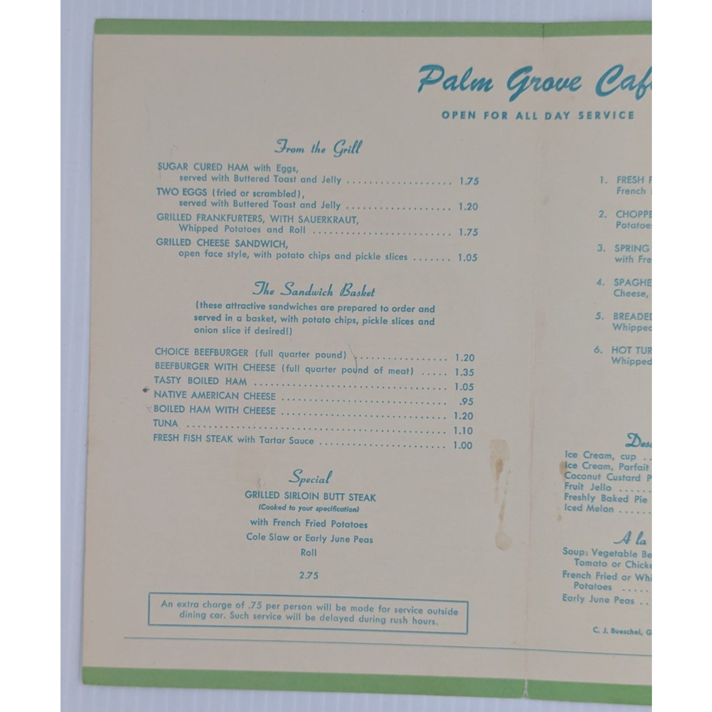 Illinois Central Palm Grove Café Luncheon-Dinner Menu