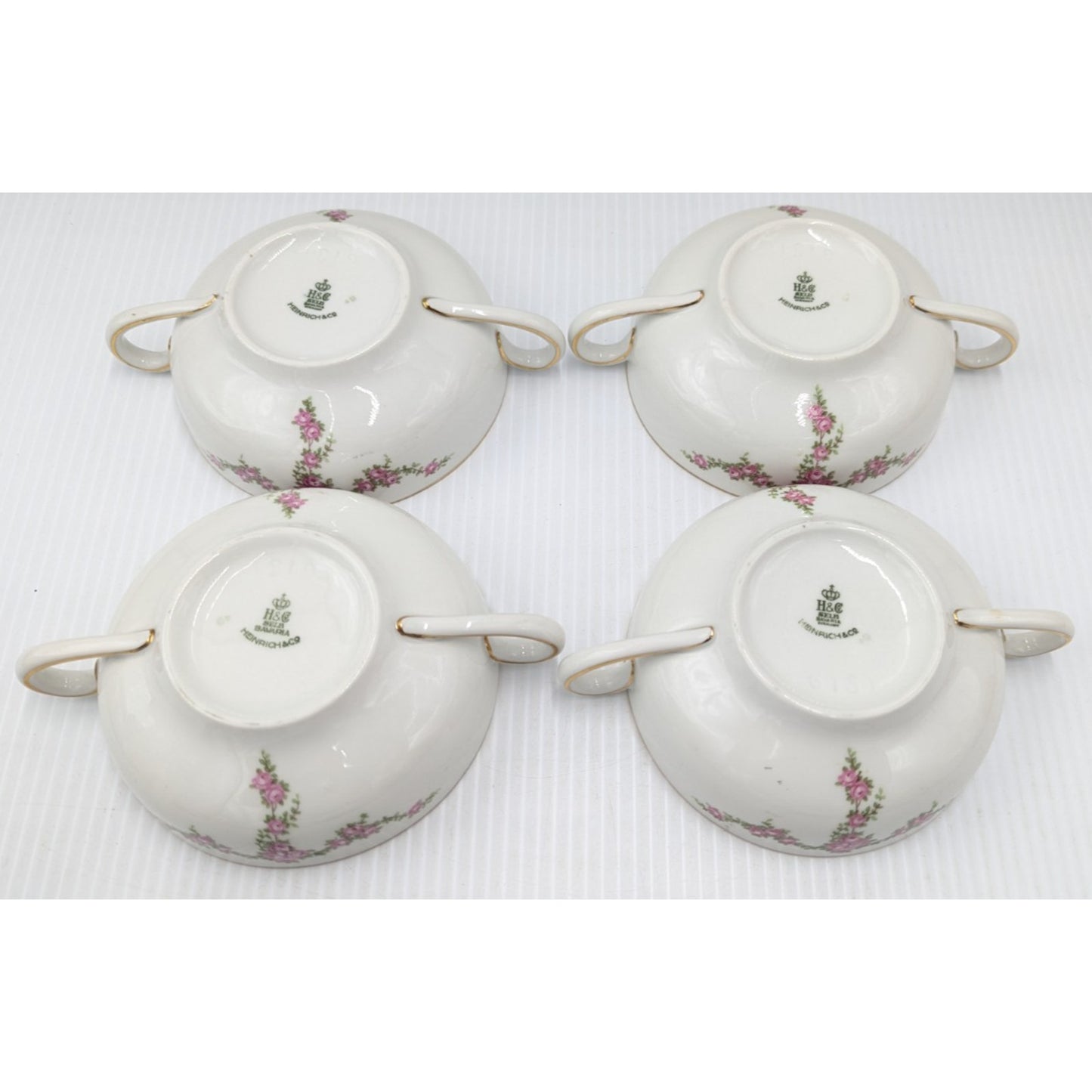 H&C Heinrich Rosalinda Pink Roses Vine Bowls Cream Soup Bowl Set of 4 Bowls