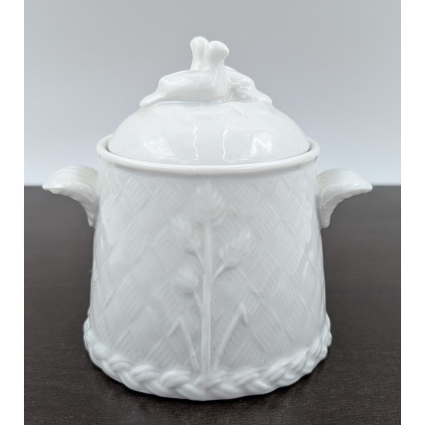 Royal Worcester Gourmet Oven China Embossed White Sugar Bowl w Lid Birds England