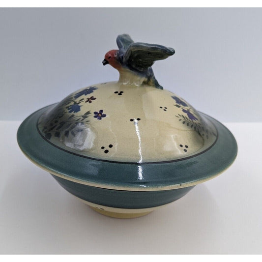 Aldrich Valley Pottery Blue Bird Finial Floral Lidded Bowl Signed - READ