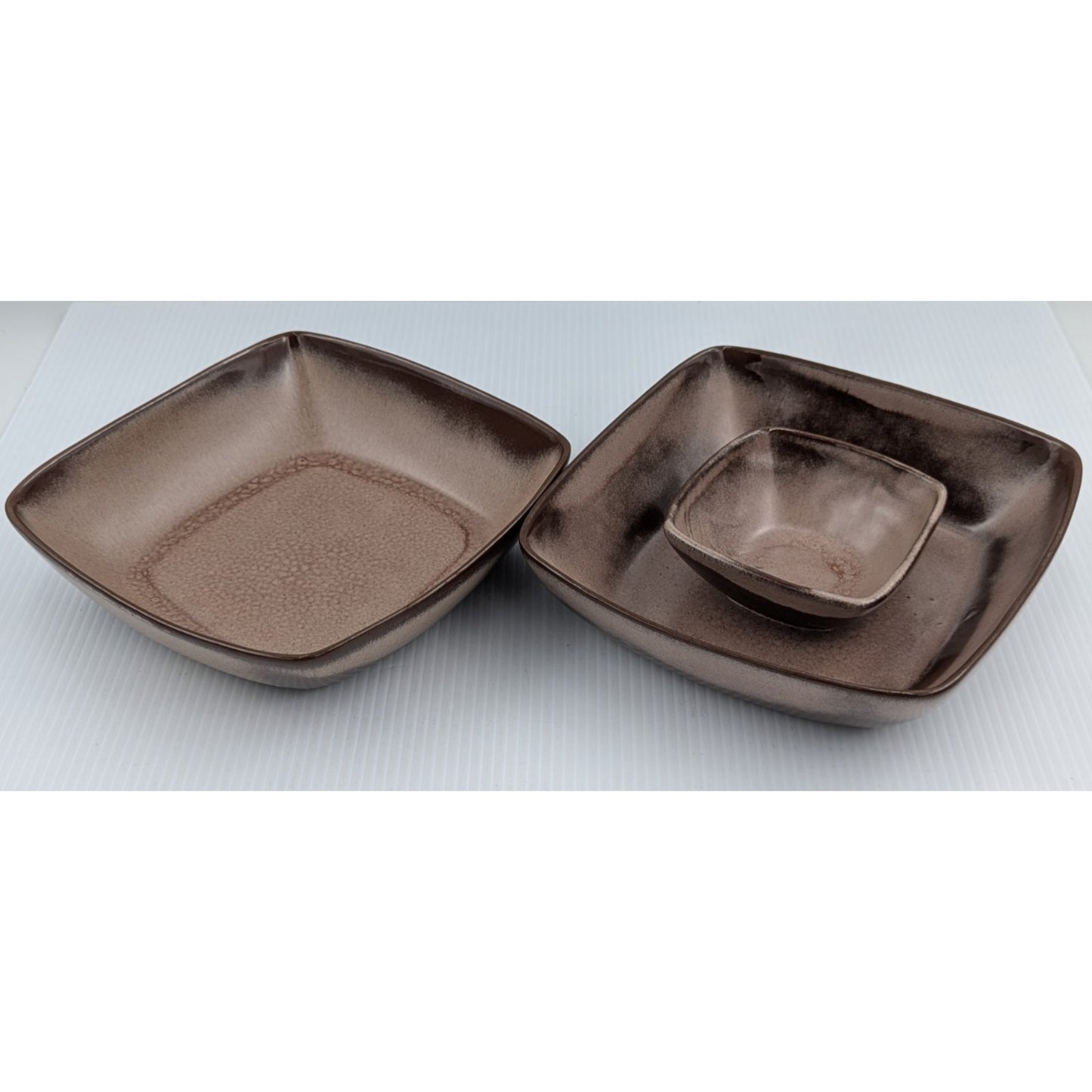 Frankoma Pottery Plainsman Brown Chip and Dip Platter and Square Salad Bowl 5NS