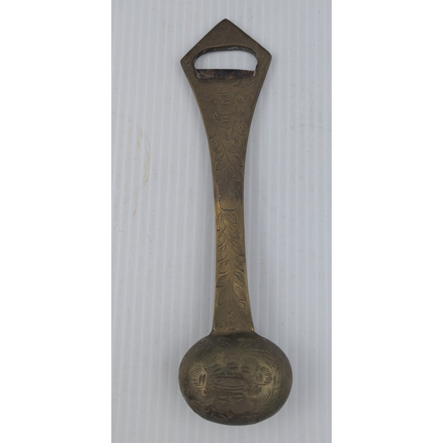Vintage Brass Bell Bottle Opener Ornate Bar Tool Etched 8" Long