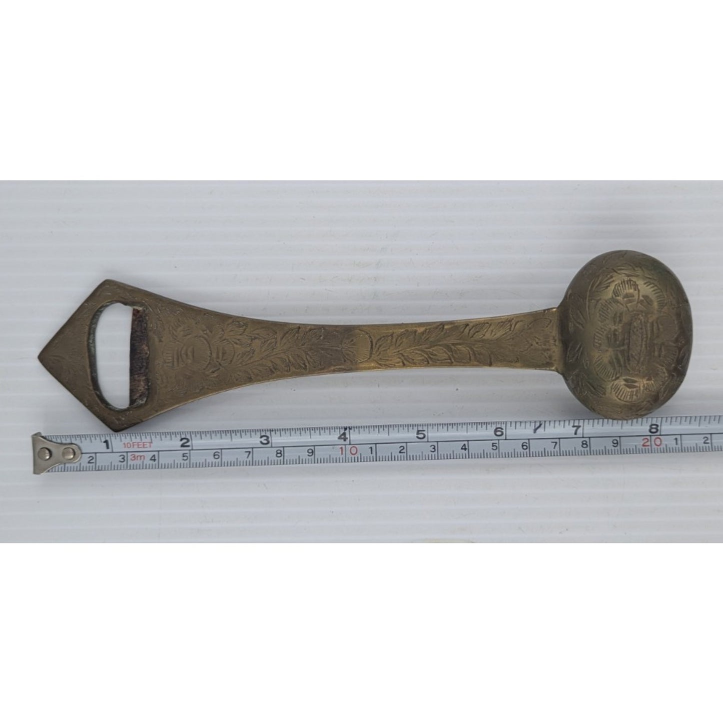 Vintage Brass Bell Bottle Opener Ornate Bar Tool Etched 8" Long
