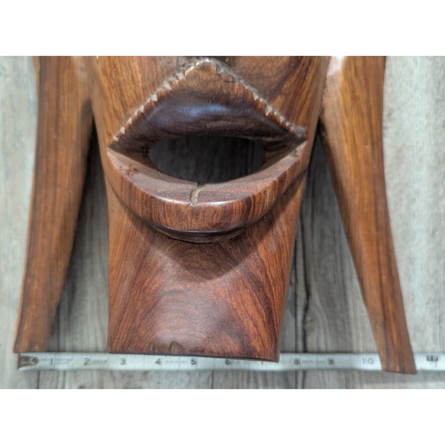 Vintage African Wooden Mask Elephant Top Mandinka Wooden Sculpture Inlay Modern