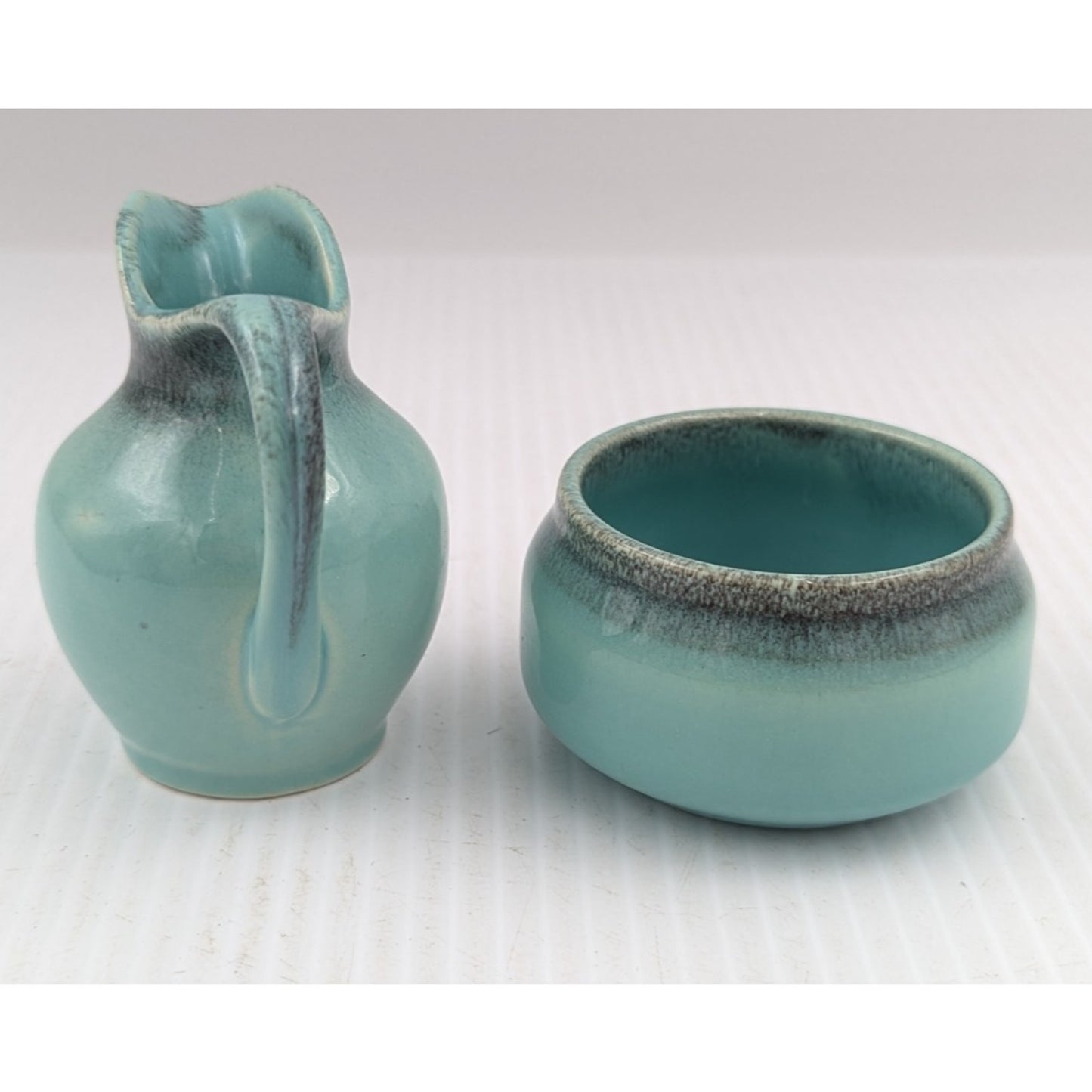 Vintage Gouda Pottery Holland Mini Pitcher Creamer Open Sugar Bowl Green Glaze
