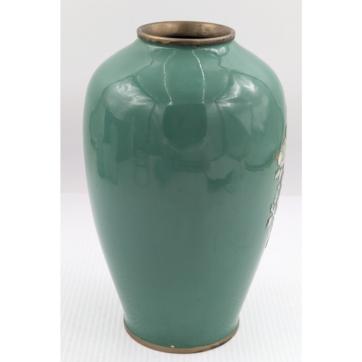 Green Enamel Brass Cloisonne Mother of Pearl Flower Bird Inlay Vase 10" Vintage