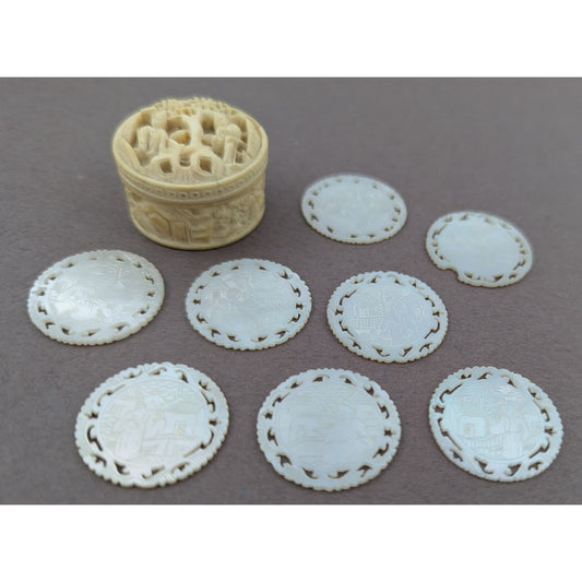 8 Mother Of Pearl Chinese Game Counters Round Engraved Chips Tiny Carved Box Set