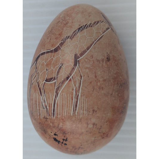 Vintage Kenya Hand Carved Soap Stone Egg Painted & Etched Giraffe And Tree