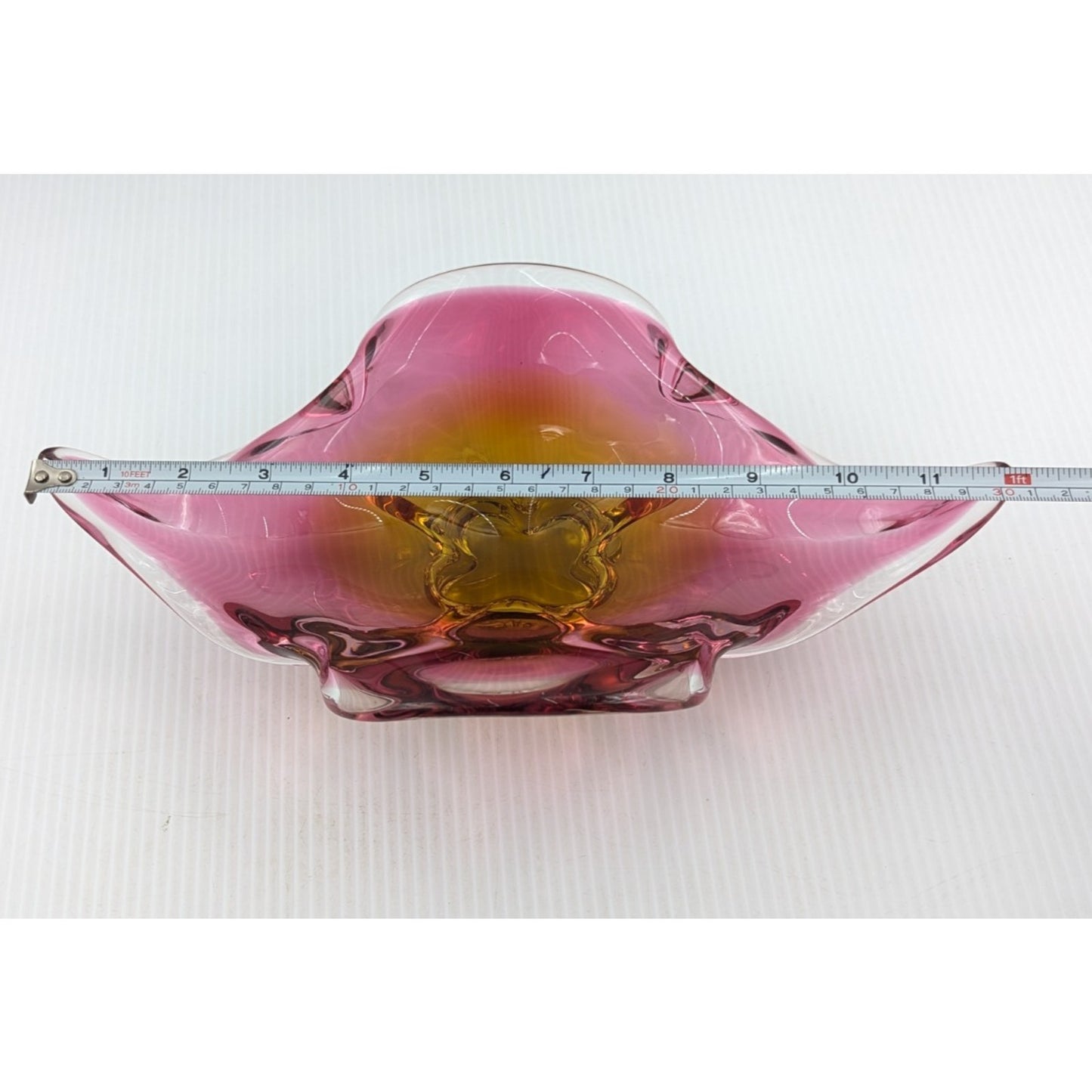 Bohemian Czech Chribska Glassworks Glass Bowl Pink Orange Incased in Clear 12"