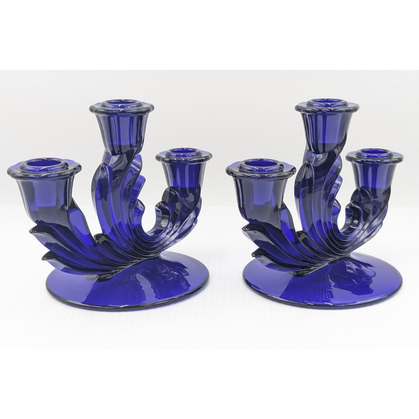 Fostoria Glass Baroque Regal Blue Cobalt 3 Light Candlestick Set of 2 Rare #2496