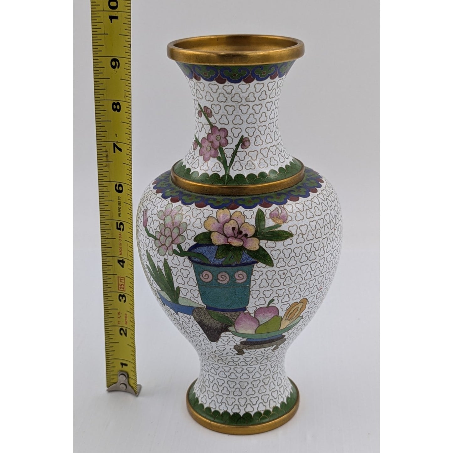 Vintage Cloisonne Flower Floral Enamel Brass Vase 9.5"