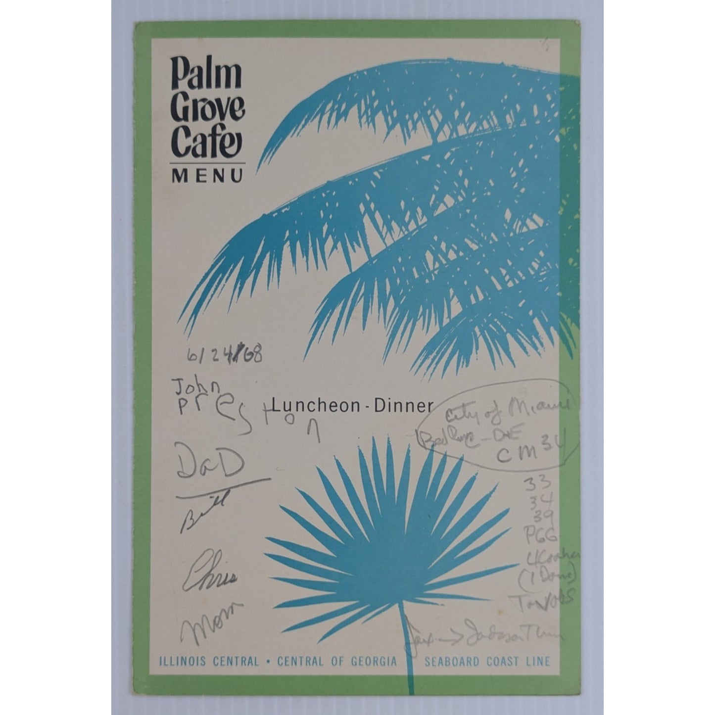 Illinois Central Palm Grove Café Luncheon-Dinner Menu
