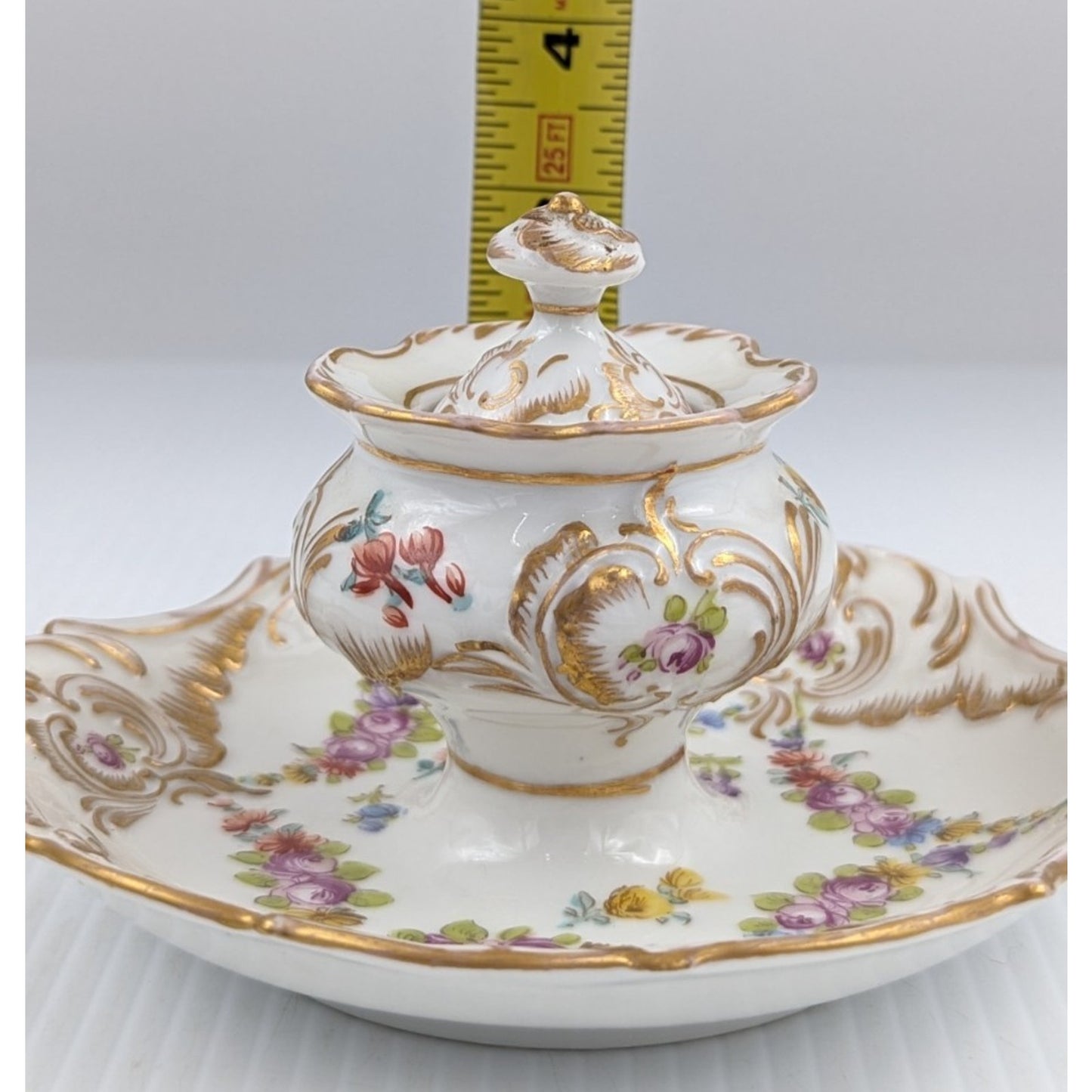 Hand Painted Porcelain Inkwell Floral Gilded With Lid Dresden (?)