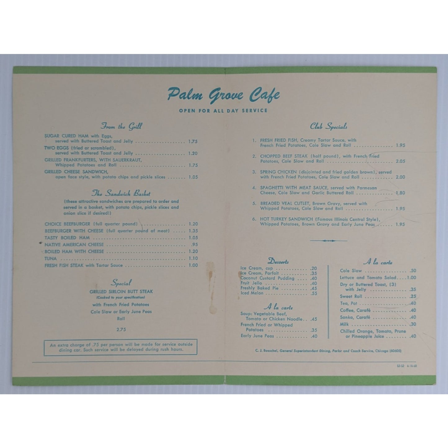 Illinois Central Palm Grove Café Luncheon-Dinner Menu