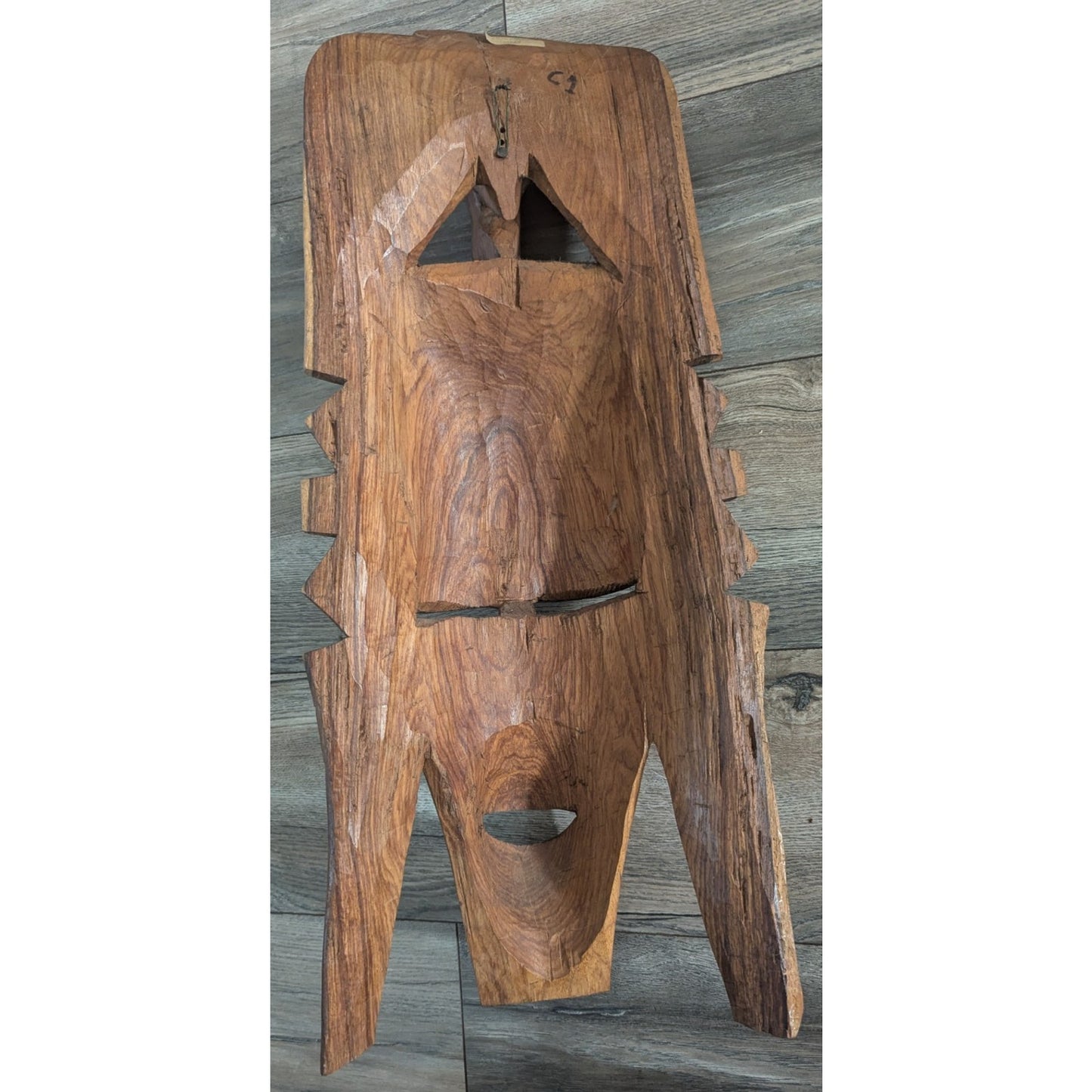 Vintage African Wooden Mask Elephant Top Mandinka Wooden Sculpture Inlay Modern
