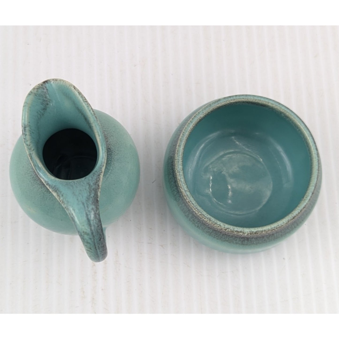 Vintage Gouda Pottery Holland Mini Pitcher Creamer Open Sugar Bowl Green Glaze