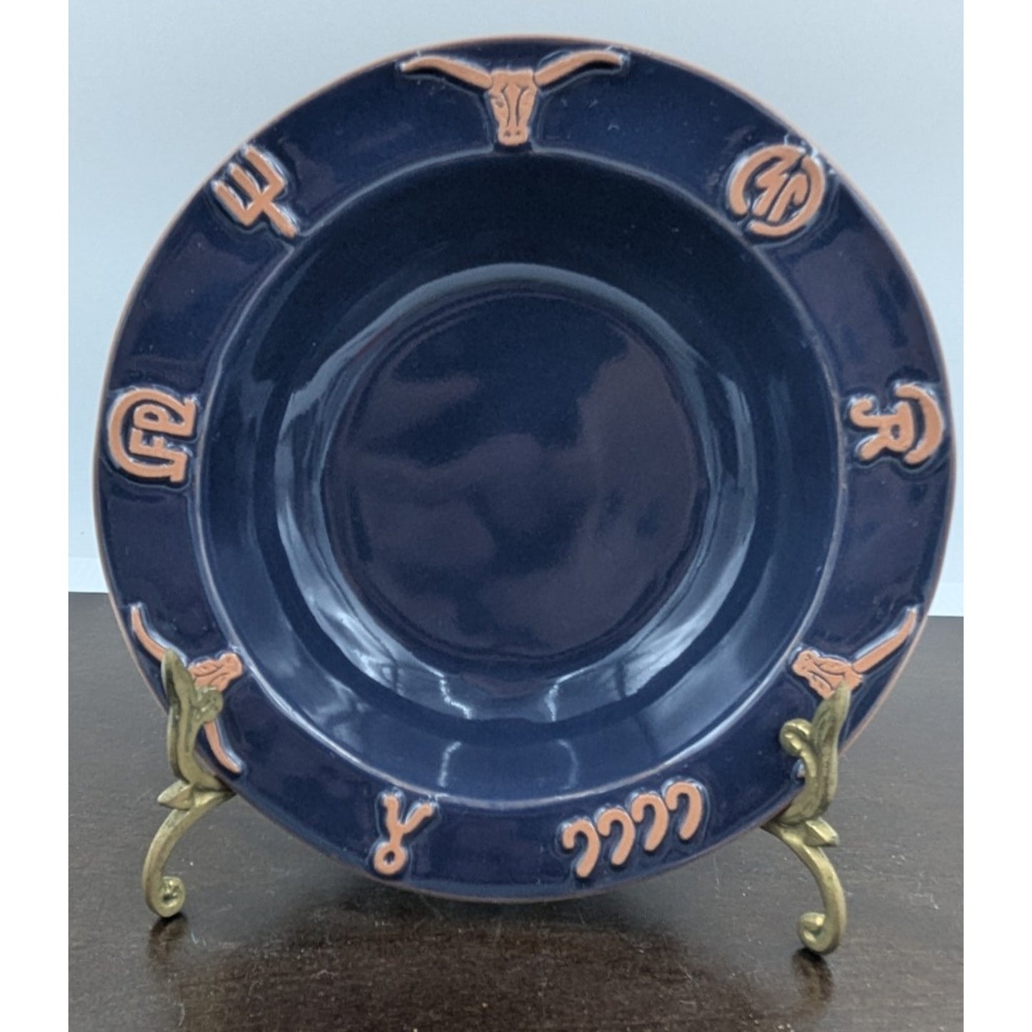 Frankoma Pottery Ranch Navy Blue Rim Soup Bowl set of 4 Cattle Brands 7-3/4"
