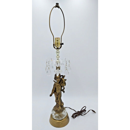 Cherub Bird on Shoulder Brass Banquet Parlor Table Lamp w/ Prisms Made in Italy