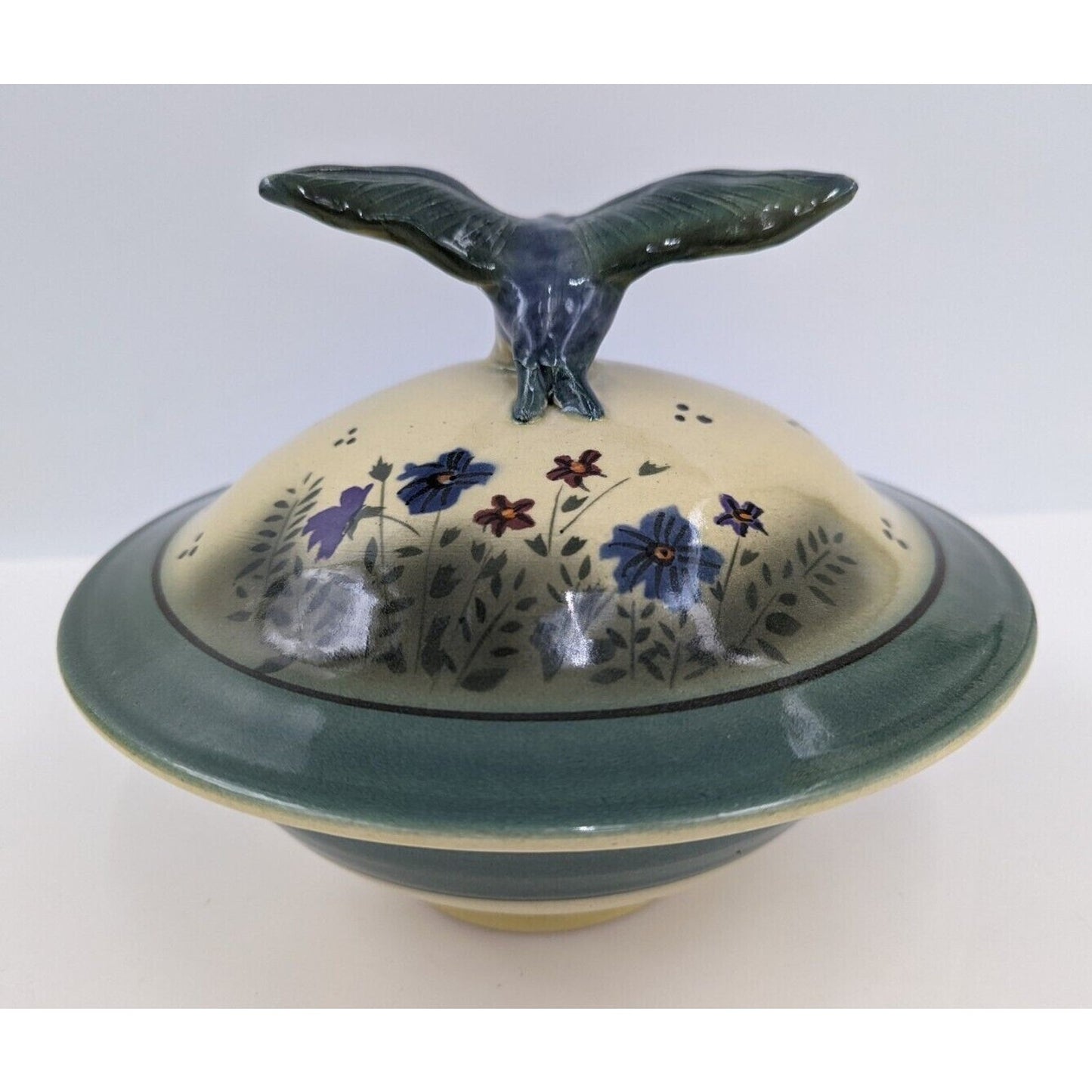 Aldrich Valley Pottery Blue Bird Finial Floral Lidded Bowl Signed - READ