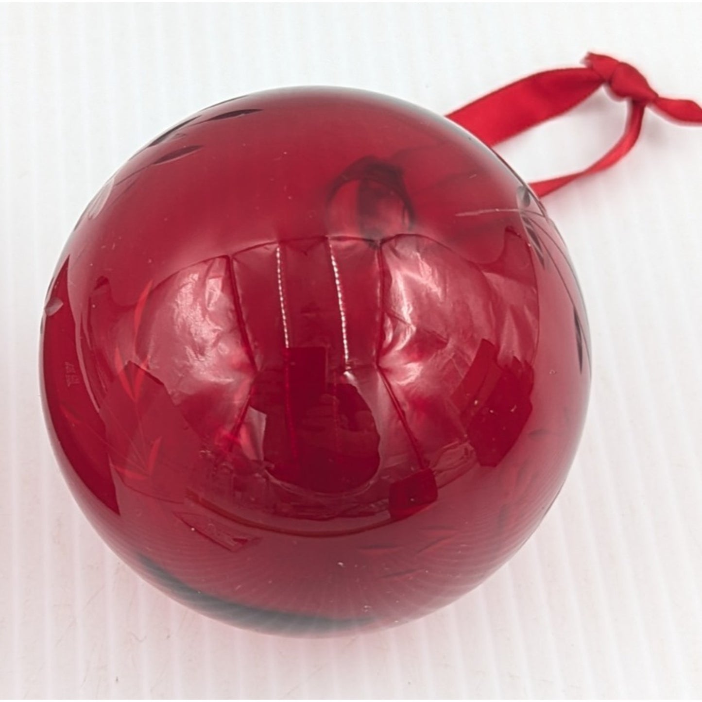 Princess House Heritage Red Hand Blown Etched Floral Crystal Glass Ornament