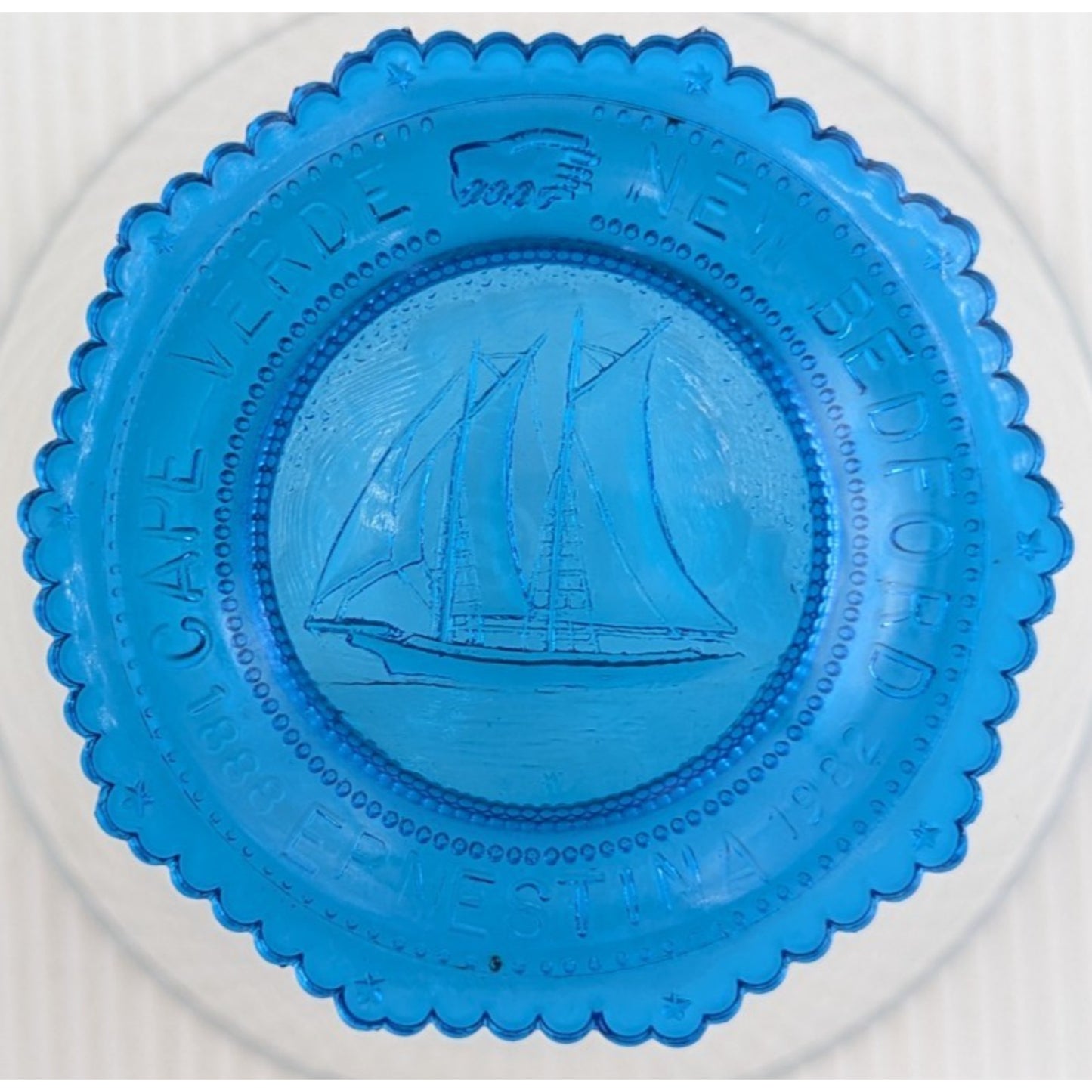 Schooner Ernestina Cape Verde New Bedford Glass Pairpoint Cup Plate Blue Ship