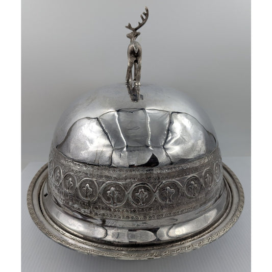 Antique Large Silver Plate Meat Platter w/ Dome Deer Stag Handle 19" L, 15" Tall