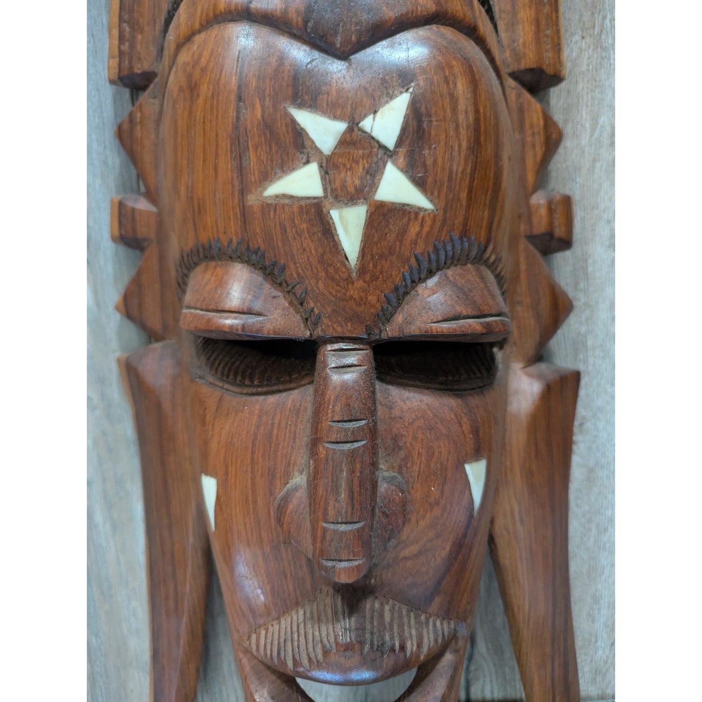 Vintage African Wooden Mask Elephant Top Mandinka Wooden Sculpture Inlay Modern