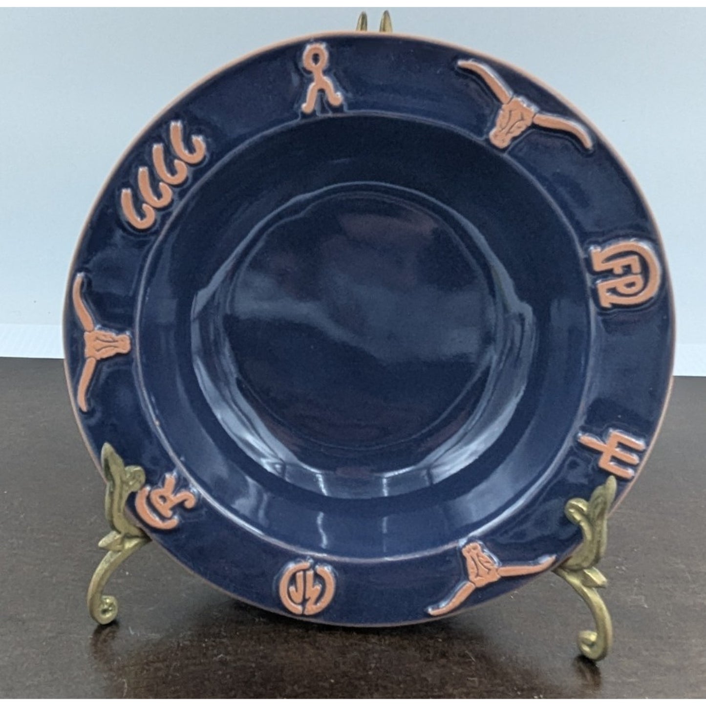 Frankoma Pottery Ranch Navy Blue Rim Soup Bowl set of 4 Cattle Brands 7-3/4"