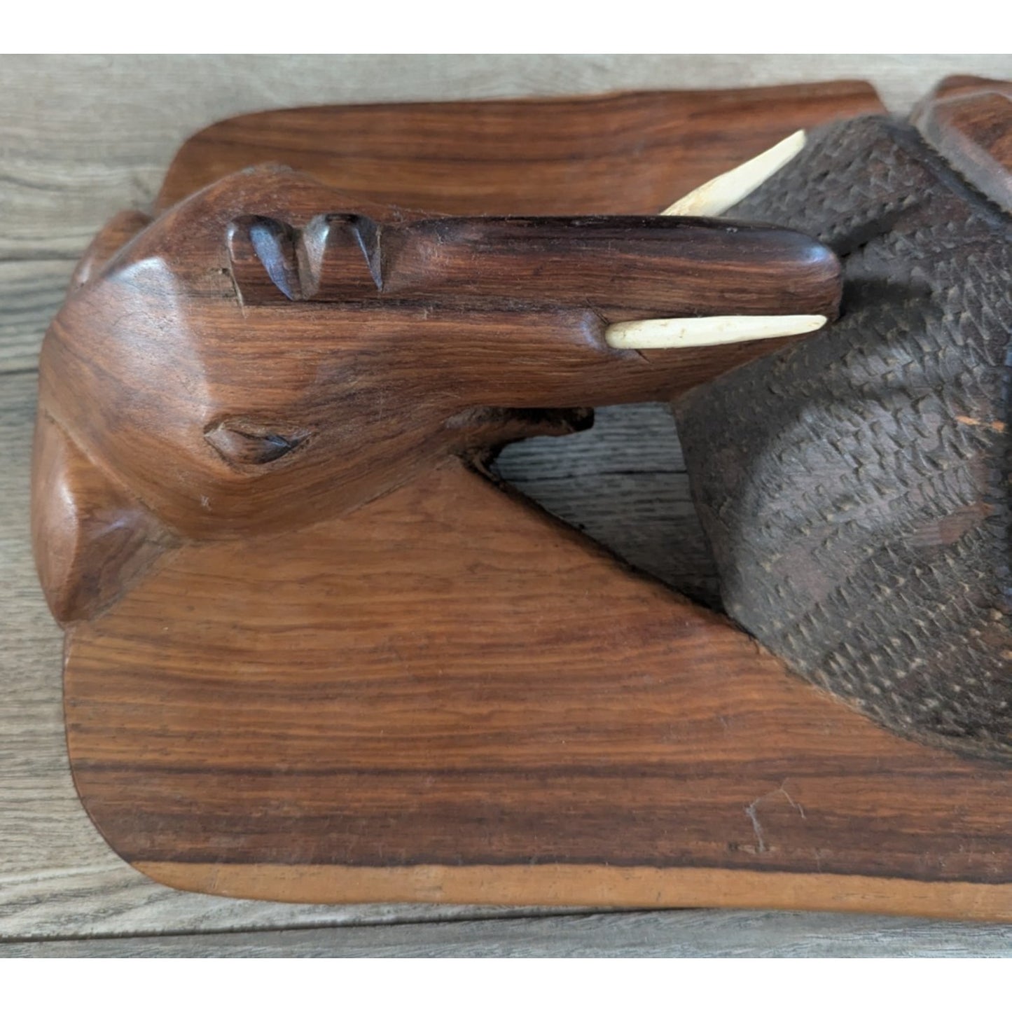 Vintage African Wooden Mask Elephant Top Mandinka Wooden Sculpture Inlay Modern
