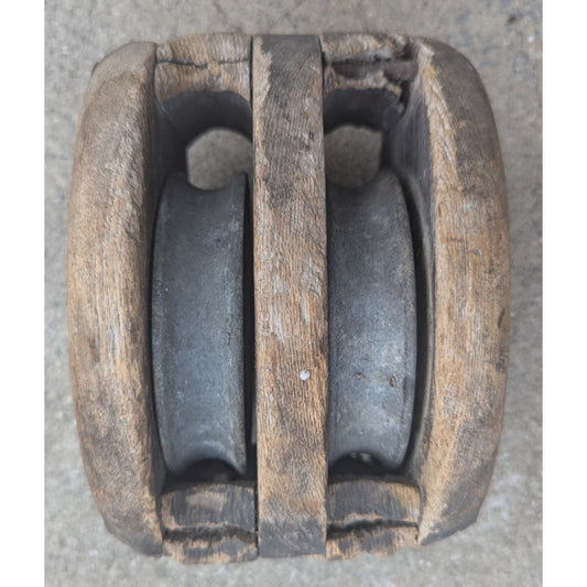 Antique Wood & Metal Rope Block & Tackle Pulley Primitive As Is