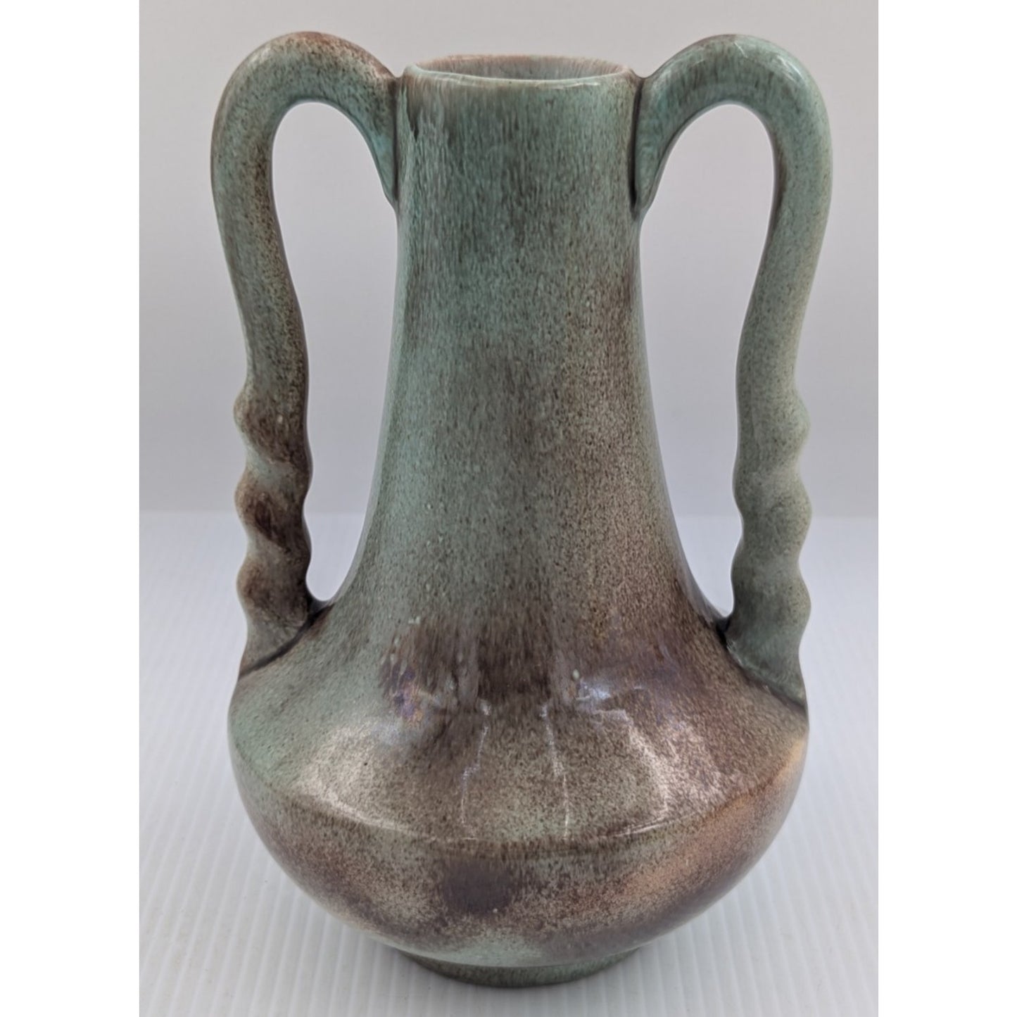 Gonder Twist Handled Vase H-5 Turquoise Green Brown Drip -Ebony Green Glaze USA