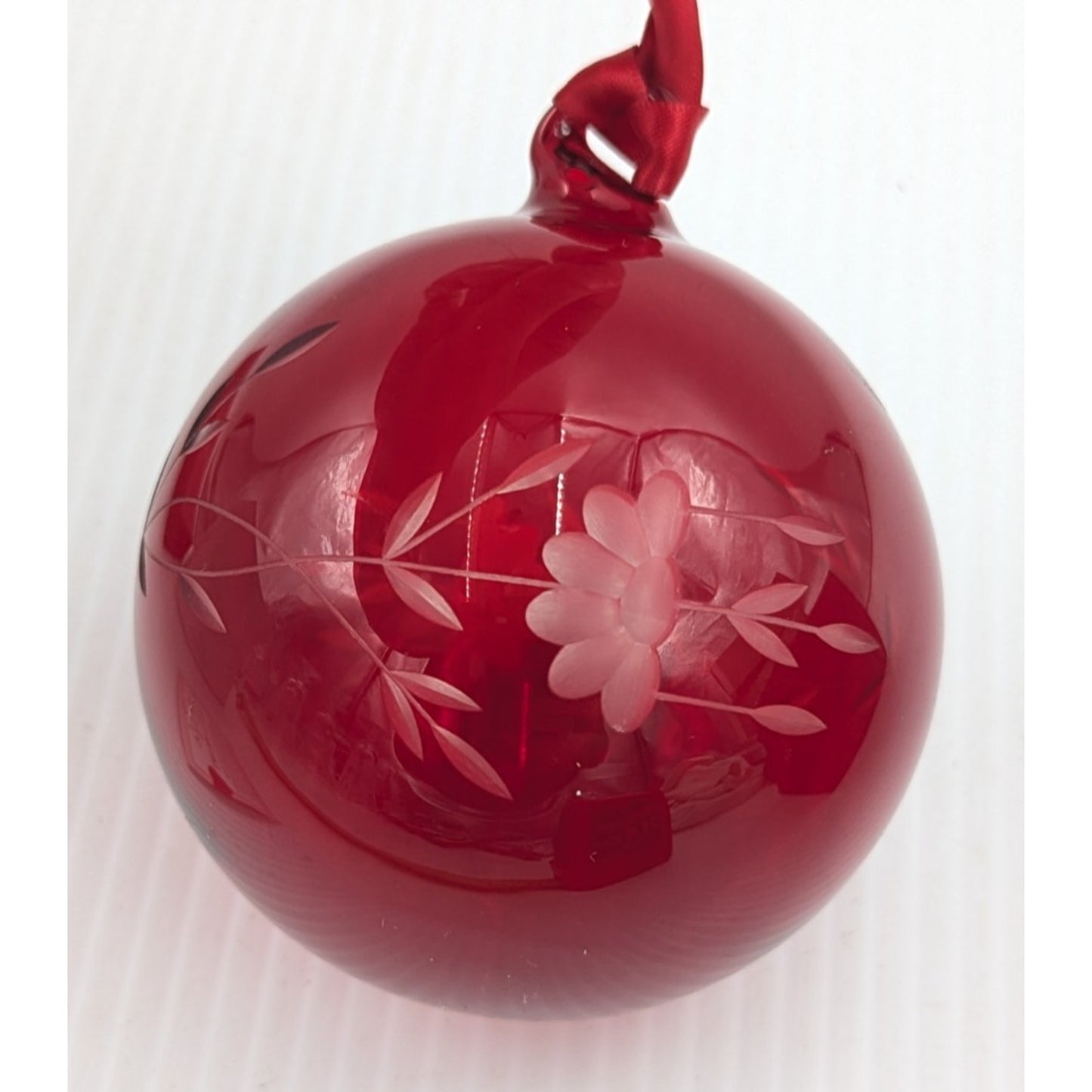 Princess House Heritage Red Hand Blown Etched Floral Crystal Glass Ornament