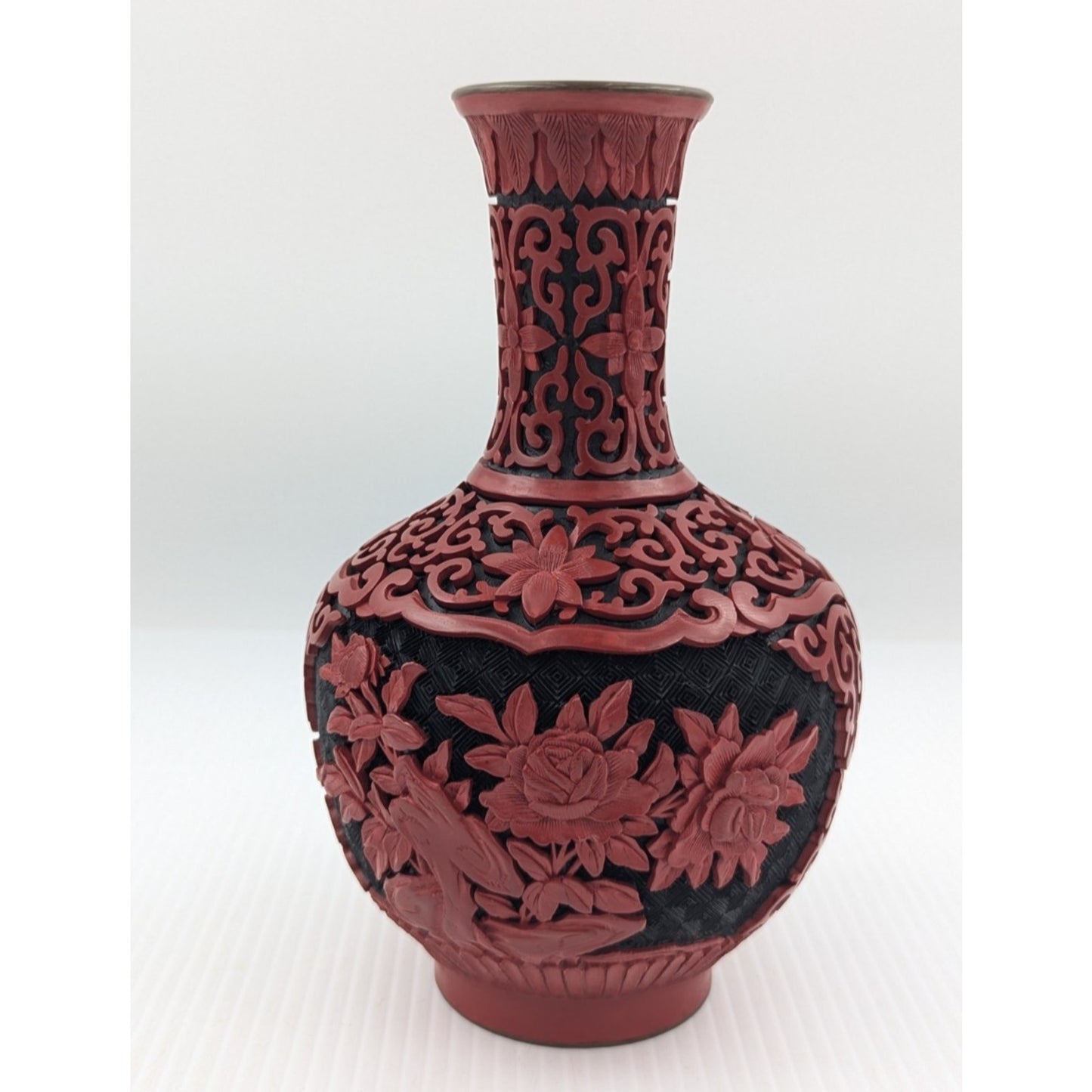 Vintage Chinese Cinnabar Lacquered Vase Red Black 8" Brass & Blue Enamel