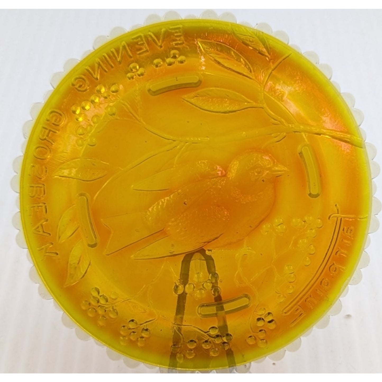 Evening Grosbeak Bird Glass Window Decor Pairpoint Cup Plate Marigold Amber VTG