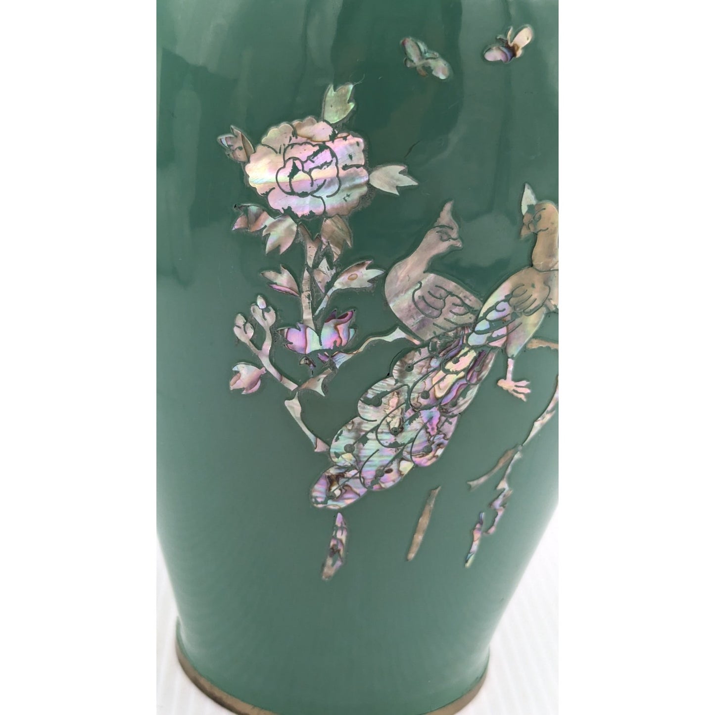 Green Enamel Brass Cloisonne Mother of Pearl Flower Bird Inlay Vase 10" Vintage
