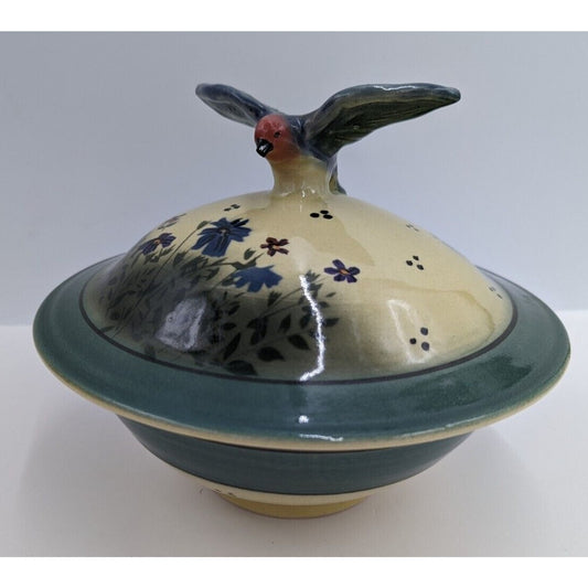 Aldrich Valley Pottery Blue Bird Finial Floral Lidded Bowl Signed - READ