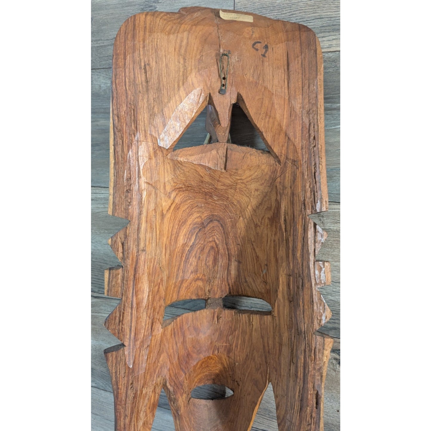 Vintage African Wooden Mask Elephant Top Mandinka Wooden Sculpture Inlay Modern