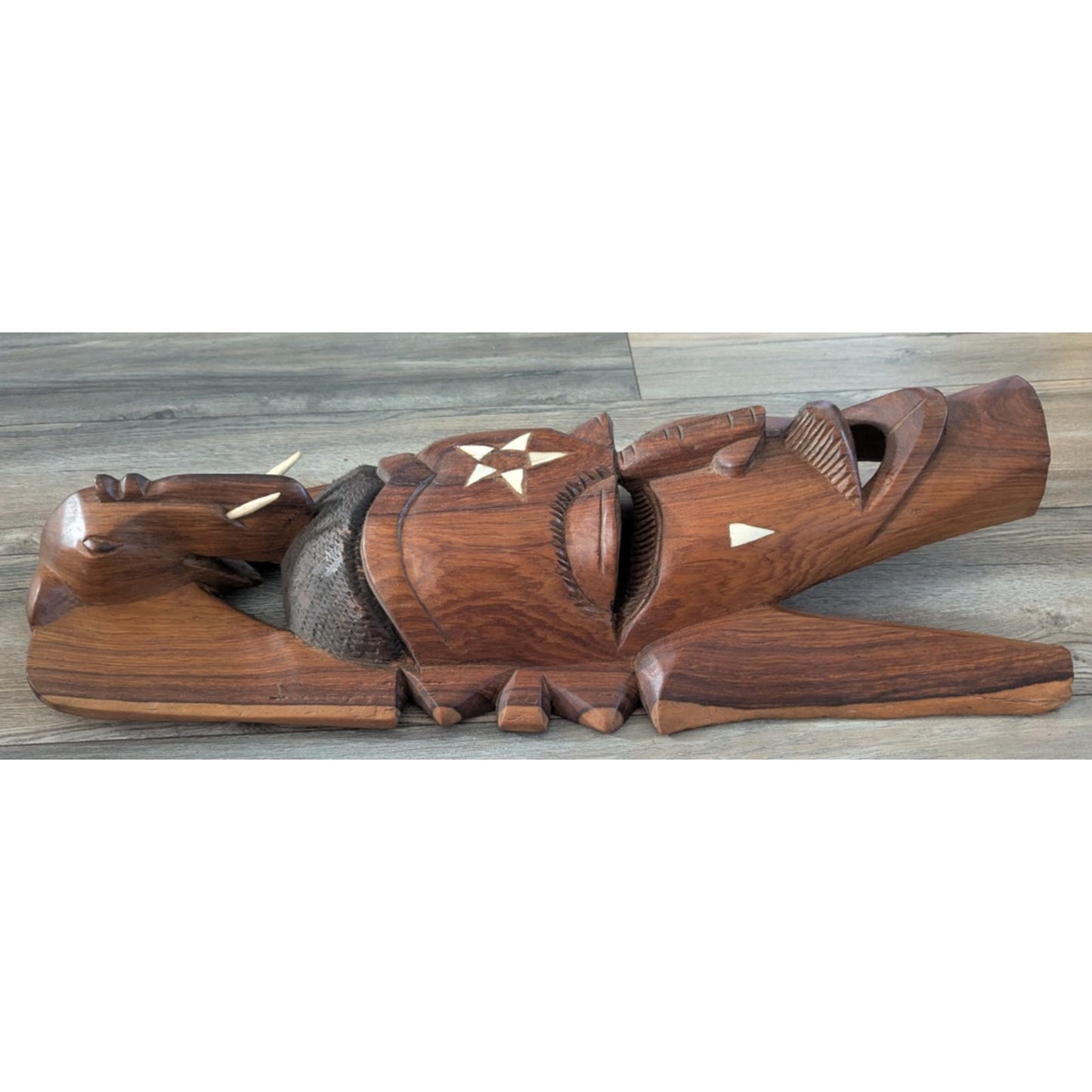 Vintage African Wooden Mask Elephant Top Mandinka Wooden Sculpture Inlay Modern