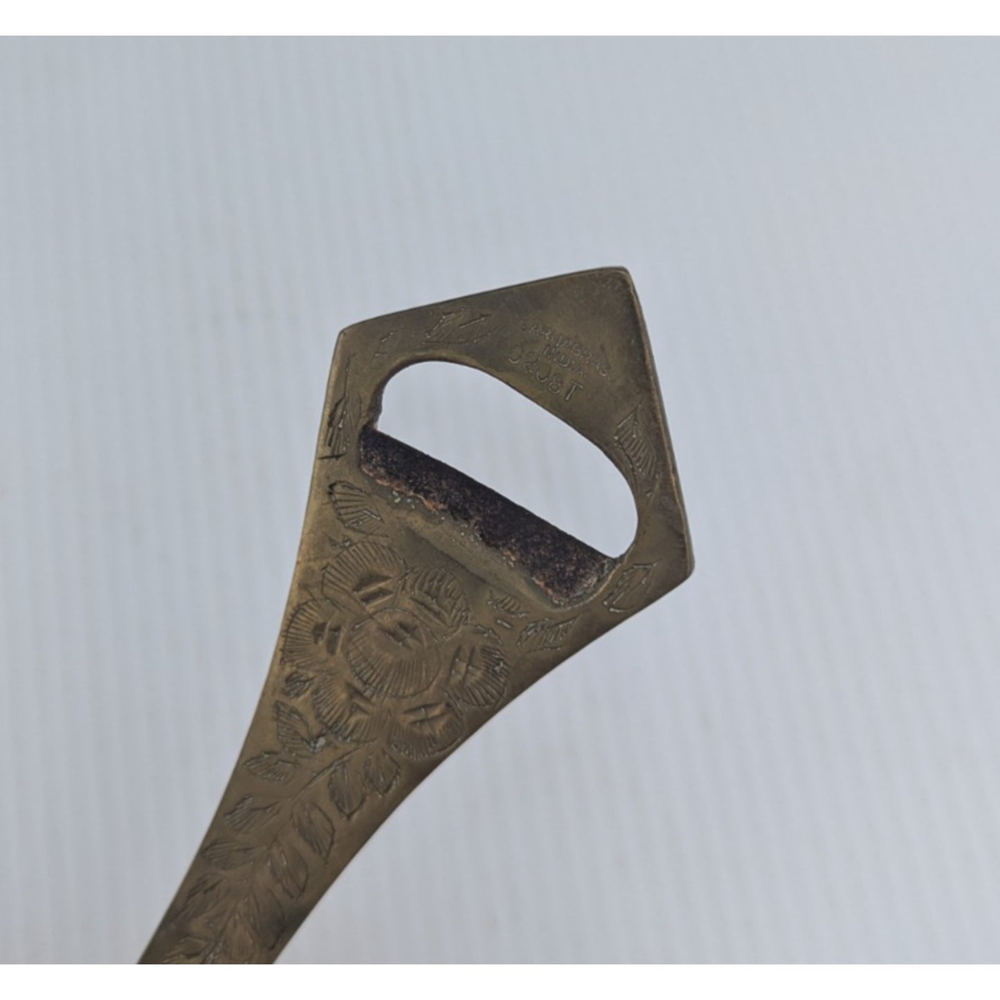 Vintage Brass Bell Bottle Opener Ornate Bar Tool Etched 8" Long
