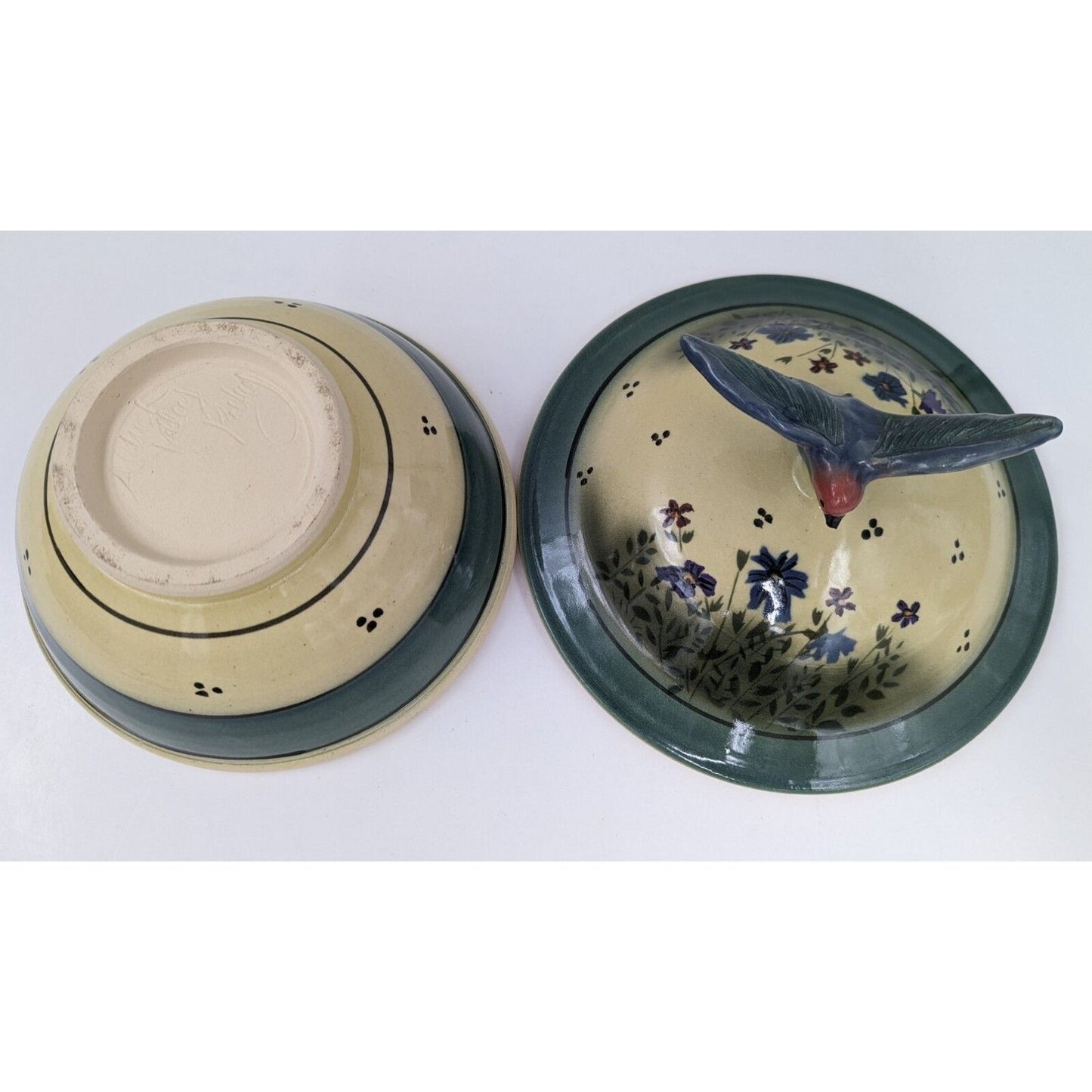 Aldrich Valley Pottery Blue Bird Finial Floral Lidded Bowl Signed - READ