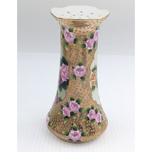 Antique Nippon Hat Pin Holder Hand Painted Gold Moriage Pink Roses Floral