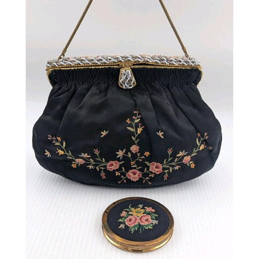 French Chunn Embroidered Evening Purse Handmade With Powder Compact As Is