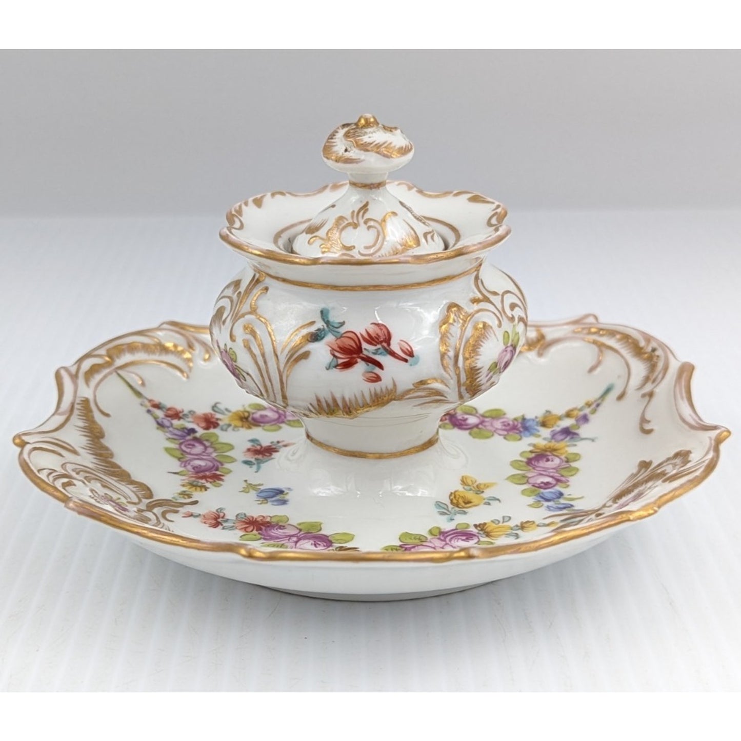 Hand Painted Porcelain Inkwell Floral Gilded With Lid Dresden (?)