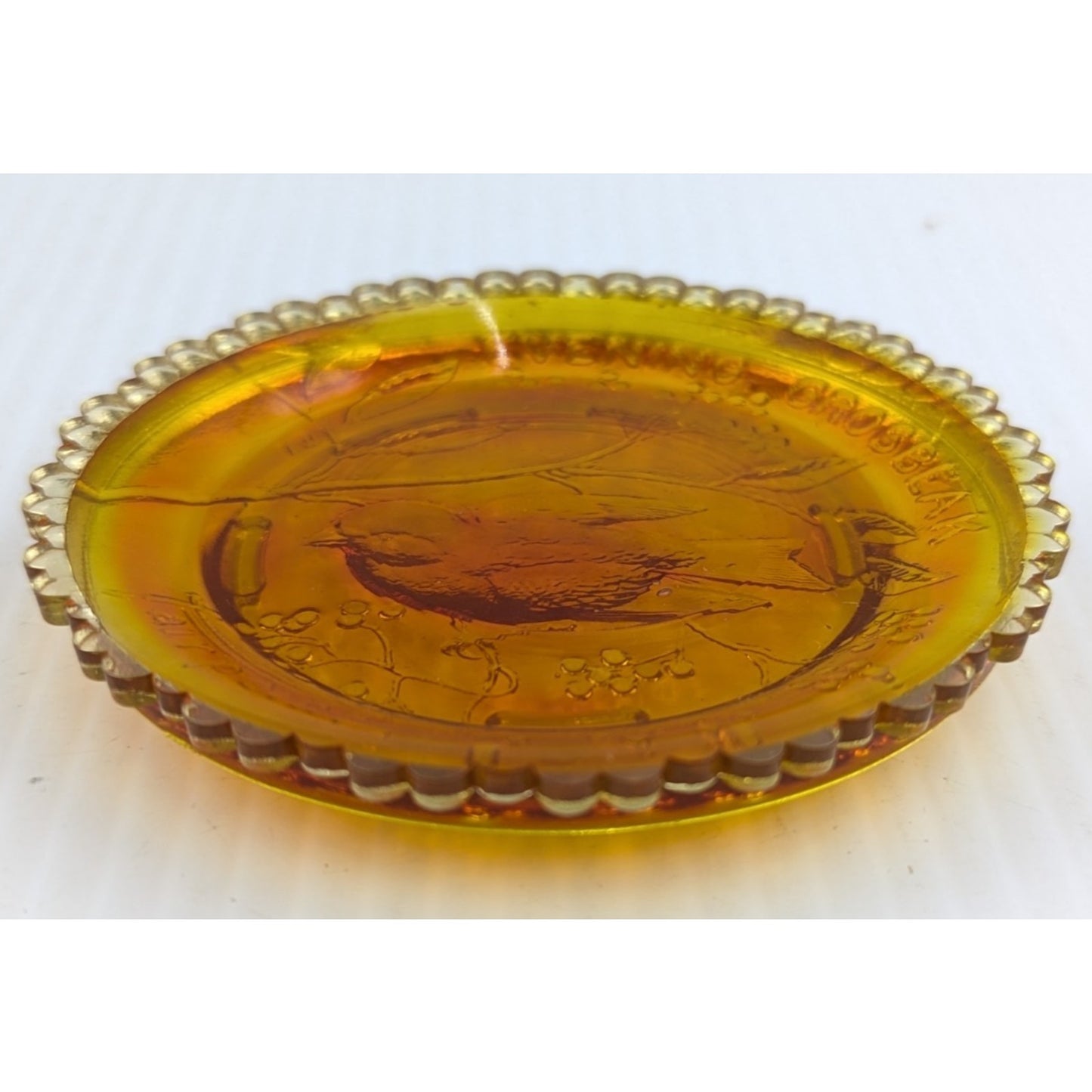 Evening Grosbeak Bird Glass Window Decor Pairpoint Cup Plate Marigold Amber VTG