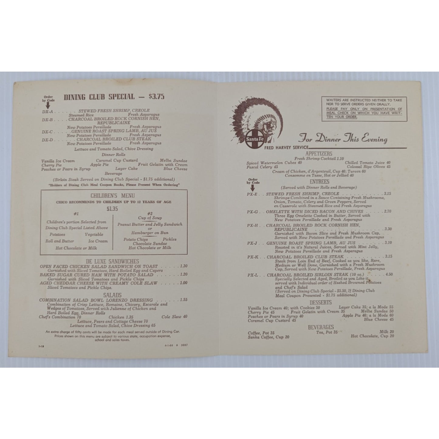 Santa Fe Railroad Super Chief Turquoise Room Menu & Champagne Dinner 14" x 11"