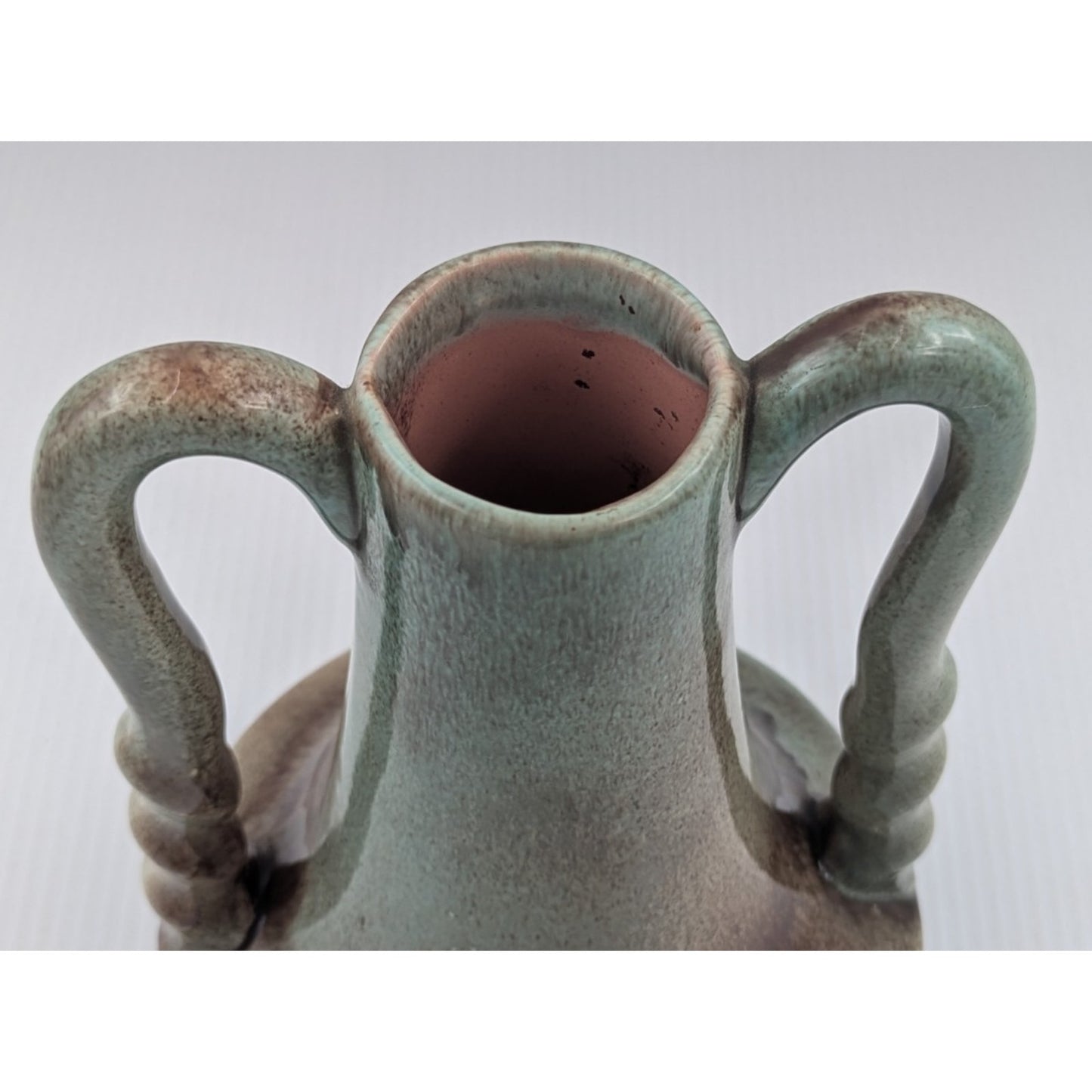 Gonder Twist Handled Vase H-5 Turquoise Green Brown Drip -Ebony Green Glaze USA